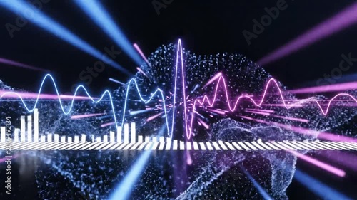 Neon blue and purple audio waveform with equalizer on dark background