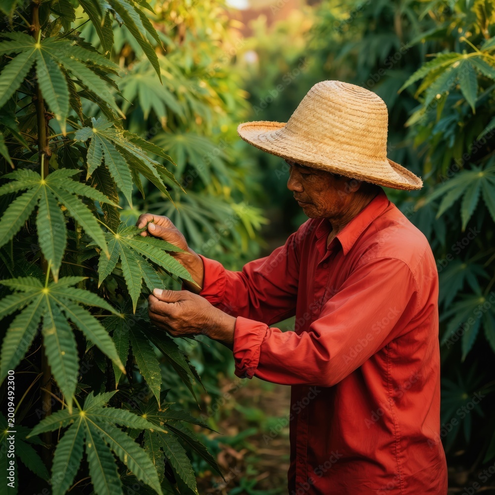 Obraz premium Thai farmer in straw hat examines large green kratom leaves in sunlit garden. Man wears red shirt working among tropical plants in field. Rural worker checks foliage growth at farm.
