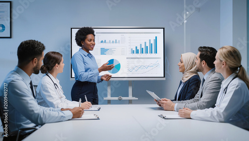 medical team meeting presentation in conference room, healthcare business strategy discussion and doctors reviewing charts in modern hospital boardroom