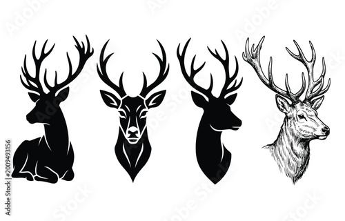 Schilderij op canvas Set of Deer and Stag Head Silhouettes and Hand Drawn Sketches Vector Illustratio