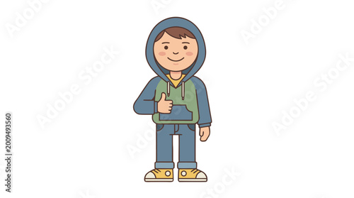 Happy Young Boy in Hoodie Giving Thumbs Up Gesture, Isolated Vector Illustration on Transparent Background