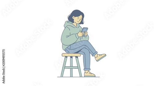 Young Woman Using Smartphone Sitting on Stool Isolated on Transparent Background