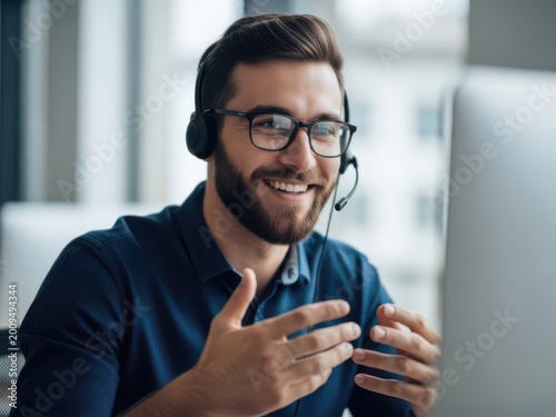 Smiling man with headset talking on phone at desk