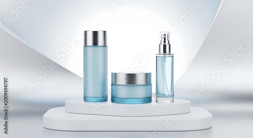 Set of blue glass cosmetic bottles and cream jar for skin care products on a modern white podium display