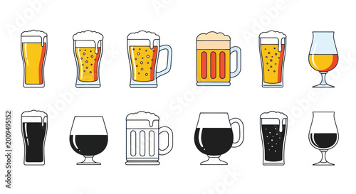 Foto Assortment of Beer Glasses with Foam, Vector Flat Icons Set