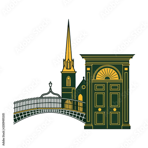 Canvas Print Dublin Landmark Illustration: Ha'penny Bridge, Georgian Door, and Church Spire