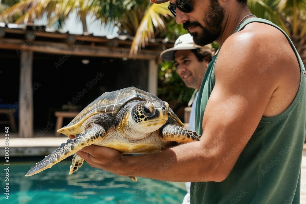 Naklejka premium Man gently holds large sea turtle near blue pool water. Another man smiles in background. Tropical plants surround outdoor area. Focus on reptile conservation effort in this island setting.