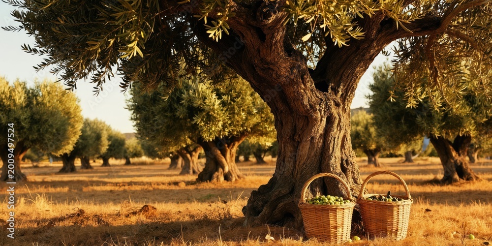 Naklejka premium Ancient olive trees stand in a field during harvest season. Wicker baskets full of fresh olives rest under a large gnarled tree. Golden sunlight illuminates the grove in autumn.