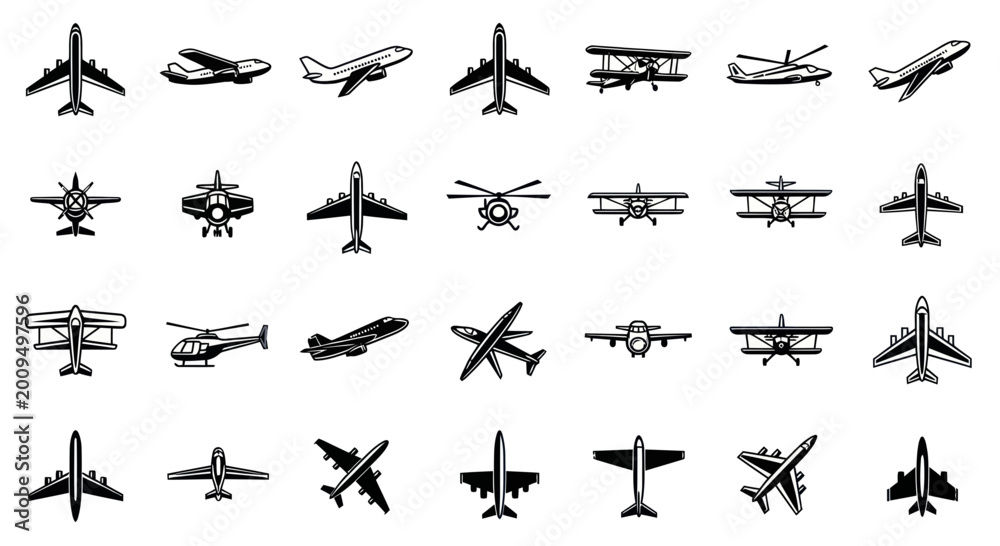 Fototapeta premium Diverse Aircraft Collection: Airplanes, Helicopters, Biplanes - Vector Icons