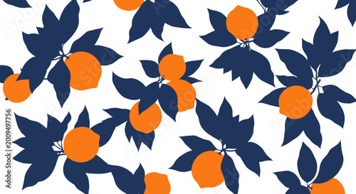 Obraz na plátně Vibrant Orange Citrus Fruits and Navy Blue Leaves Pattern