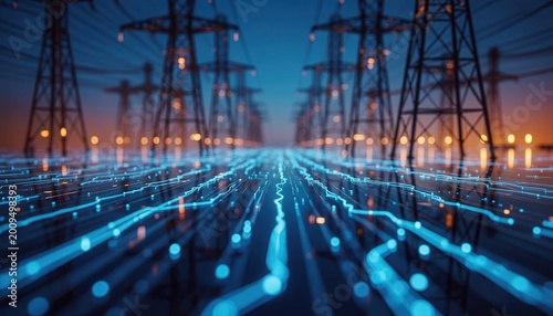 Digital energy grid concept with glowing circuit board lines and high voltage power transmission towers