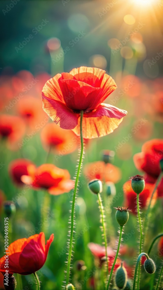 Fototapeta premium A realistic photo of poppy flowers in a field HD 8K wallpaper Stock Photographic Image
