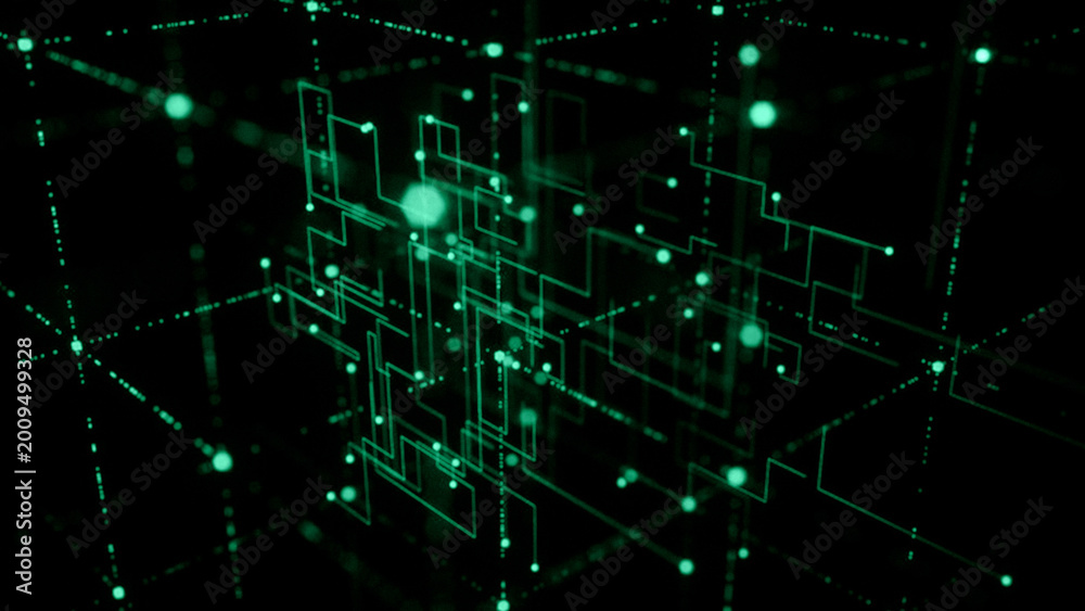 Obraz premium An abstract digital technology background featuring a futuristic green binary code pattern with glowing light lines and matrix data textures for a modern cyberspace communication design concept