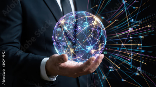 Businessperson holding glowing digital globe with network connections and data flow, symbolizing global communication and technology innovation