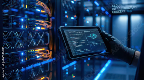 Cloud infrastructure concept with developer hand holding tablet showing code and data visualization in server room with blue lighting and network cables