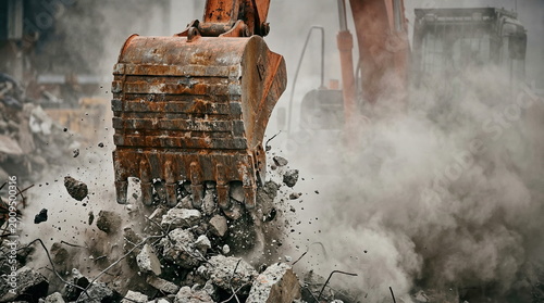 Excavator bucket breaking concrete and rubble, creating dust on demolition site, representing heavy construction work.