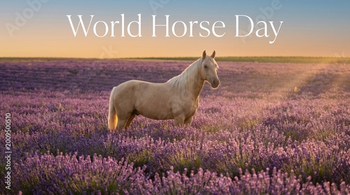 World Horse Day Serene Palomino Horse Grazing Peacefully Through a Stunning Purple Lavender Field