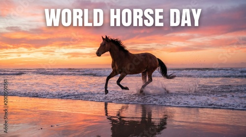 World Horse Day Powerful Chestnut Stallion Galloping Freely Along a Wet Beach at Vivid Sunset