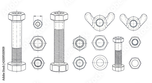 Fotografie Technical Drawings of Nuts and Bolts: Engineering Blueprint Style