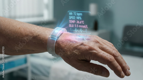 Smart health device wearable technology elderly hand heart rate monitor oxygen saturation body temperature glucose level medical data health tracking digital health patient care biometric sensor