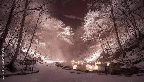 View of the forest at night in Jigokudani Park, Nakano, Japan. 
