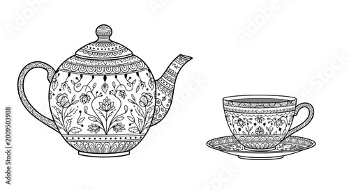 Tableau sur toile Elegant Teapot and Cup with Floral Mandala Design, Black and White Line Art