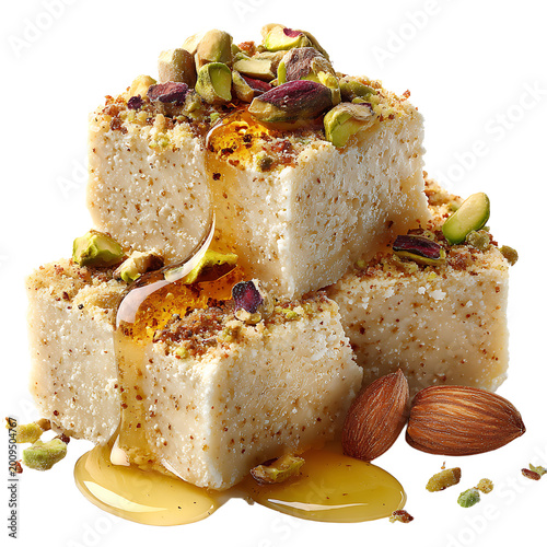 Delicious Halva Squares Topped with Pistachios and Drizzled with Honey and Almonds