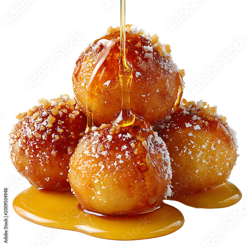 Golden Loukoumades honey balls dessert drizzled with sweet syrup and sprinkled with sugar and nuts