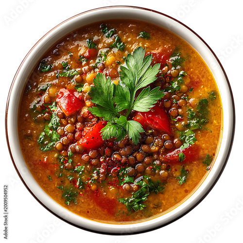 Hearty lentil soup with red pepper and parsley. served in a ceramic bowl. a comforting meal
