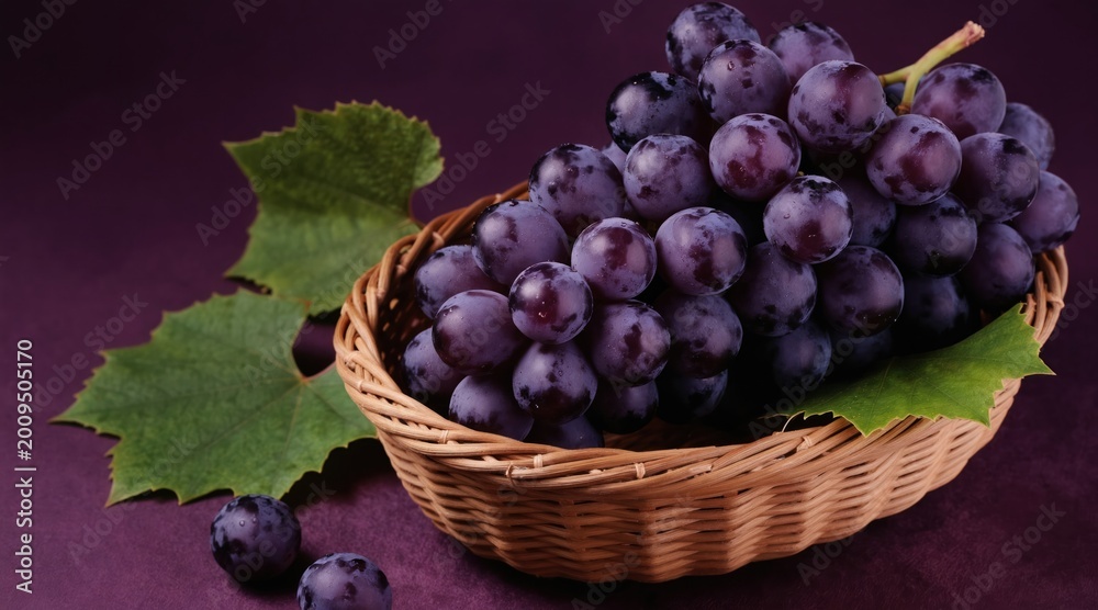 Obraz premium Ripe purple grapes fill a woven basket. Green leaves and loose fruit rest nearby. Image styled as still life for food promotion on textured dark backdrop.