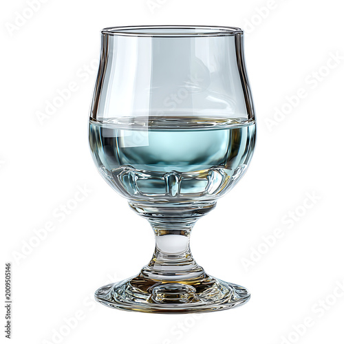 Clear glass goblet filled with pale blue liquid. 3D render