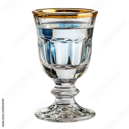 Elegant clear glass shot with gold rim filled with clear liquid.