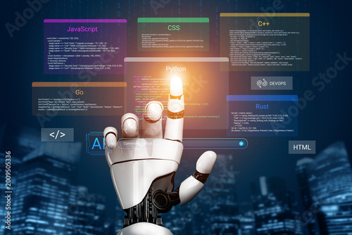 Tableau sur toile A robotic hand points to programming languages on a digital display, symbolizing the intersection of technology and innovation in software development and artificial intelligence