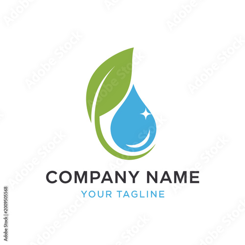 Fotografia Green Leaf and Water Drop Logo Design.