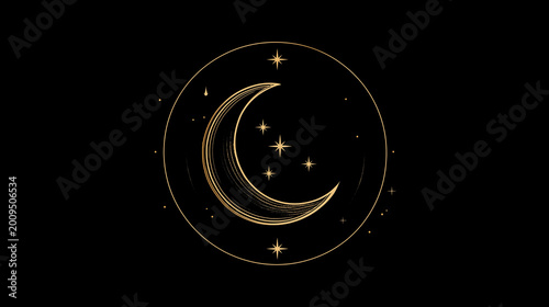 gold crescent moon with stars inside circular frame line art illustration on black background minimal celestial design with textured lines and large copyspace for branding use