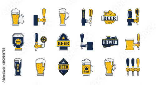 Beer Icons Set: Taps, Mugs, Cans, Labels & Badges - Flat Design