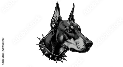 Obraz na płótnie Doberman Pinscher Head Portrait, Spiked Collar, Guard Dog, Black and White Illus