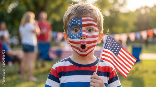 Independence Day 250th anniversary boy full flag face painting holding flag surprised expression for patriotic celebration poster social media advertising campaign