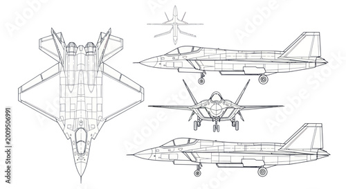 Billede på lærred Fighter Jet Blueprint - Multiple Views of Modern Aircraft Design
