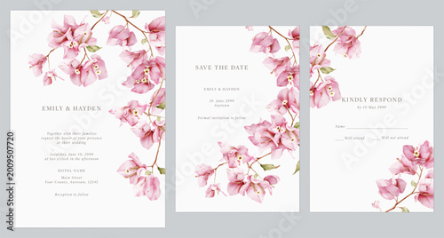 Fényképezés Wedding invitation suite featuring watercolor-style pink Bougainvillea flowers o