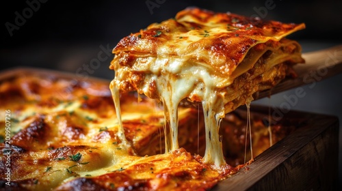 Delicious and Creamy Lasagna with Melted Cheese Stretching from the Pan, Perfect for Italian Cuisine Lovers and Food Photography Enthusiasts
