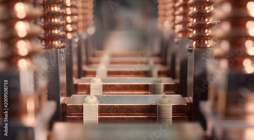 Heavy copper electrical busbar assembly inside a high-voltage power distribution cabinet with polished rectangular conductor bars stacked in parallel rows with ceramic insulator standoffs, warm raking