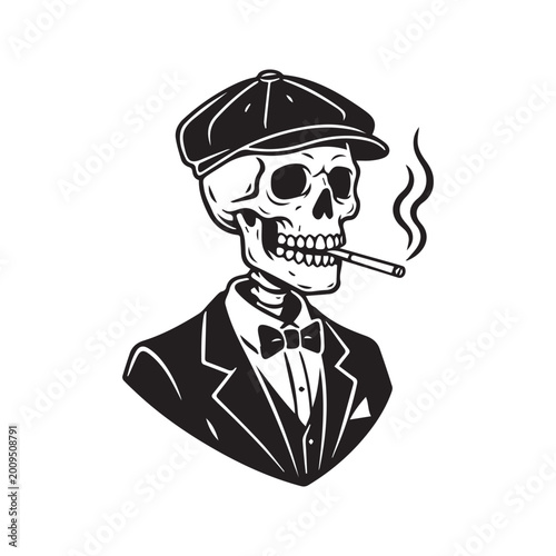 Bilde på lerret Dapper Gentleman Skull in Newsboy Cap and Suit Smoking Cigarette Line Art Vector