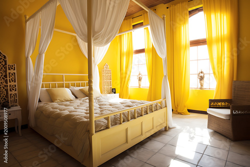 Luxury Yellow Bedroom with Elegant Curtains and Sunlight