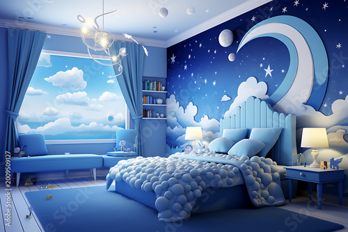 1. Dreamy Blue Kids Bedroom with Cloud Wall Design
