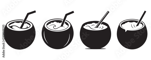 Quadro su tela Tropical Coconut Drink Summer Cocktail Silhouette Vector Set
