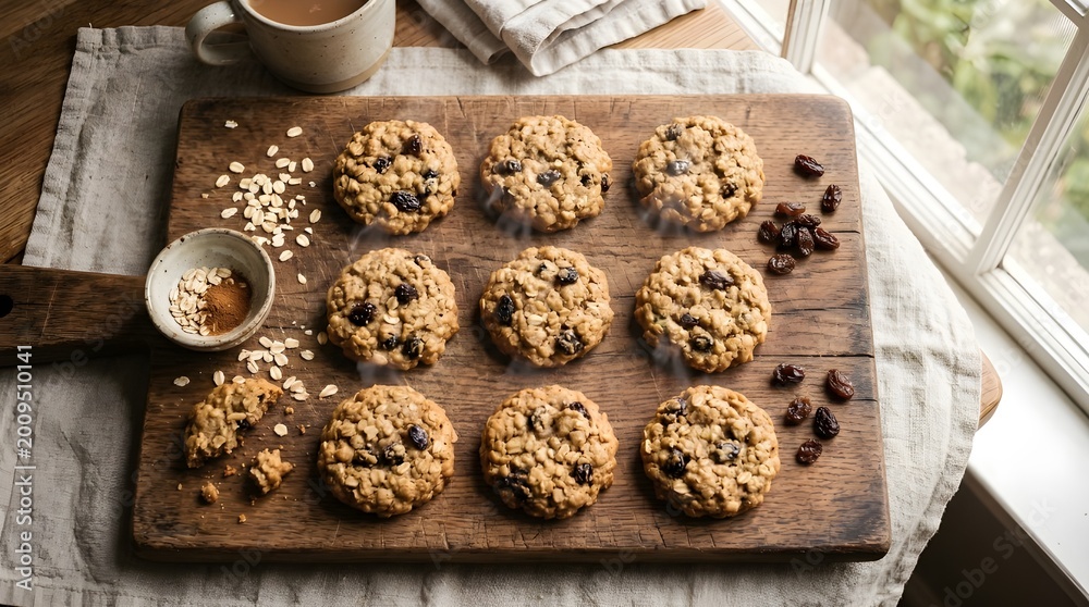 Fototapeta premium Oatmeal Raisin Cookies Grid Flat Lay — Wooden Board Steam Rustic Morning Overhead