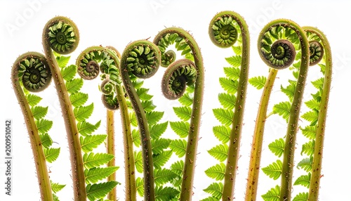 Unfurling green fern fronds with intricate spiral patterns on white background