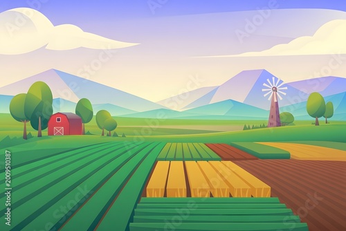 Farm field landscape, 3d vector background