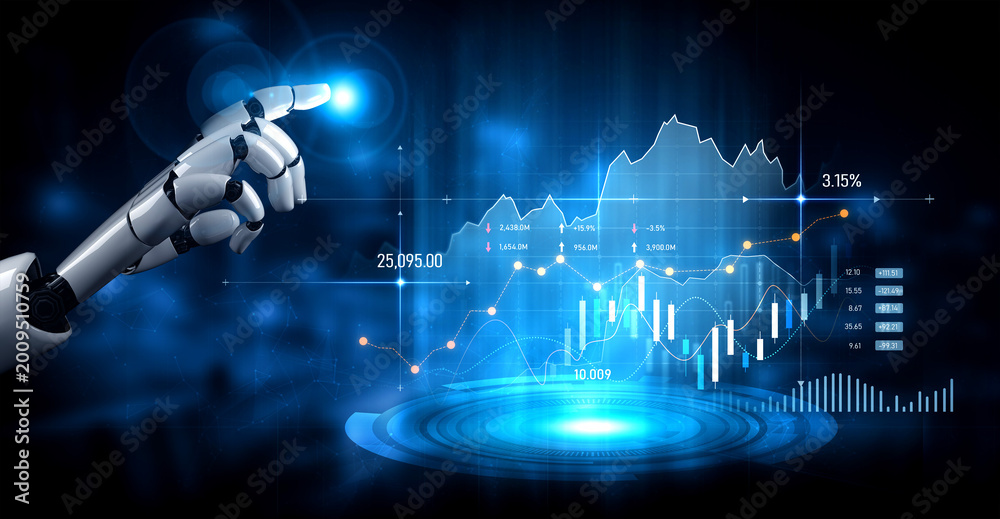 Obraz premium A sleek robotic hand interacts with a vibrant digital financial chart, symbolizing the merging of technology and finance. Explore automation and data insights. Scalp